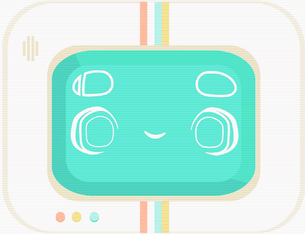 "QUIZBO™" Retro White and pastel striped Computer / Robot with blue screen, on screen is a friendly, smiling face. Occasionally blinking
