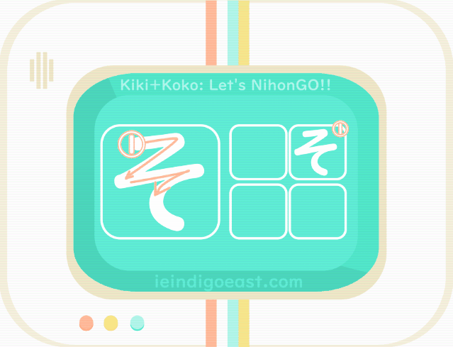 A diagram and guide to writing the Japanese hiragana そ written in white on a blue screened retro computer