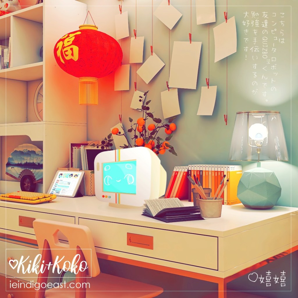 Computer robot helper, QUIZBO™, sits on a decorated desk meant for study. On the desk, there is a lamp. books, an orange plant, a tablet, and a keyboard. To the upper left is a lucky red lantern, and to the centre are pinned papers. The text reads: 「こちらはコンピュータロボットの友達のＱＵＩＺＢＯ™くんです。勉強を手伝いするのが大好きです！」「♡嬉嬉」from ♡Kiki+Koko™ on ieindigoeast.com.